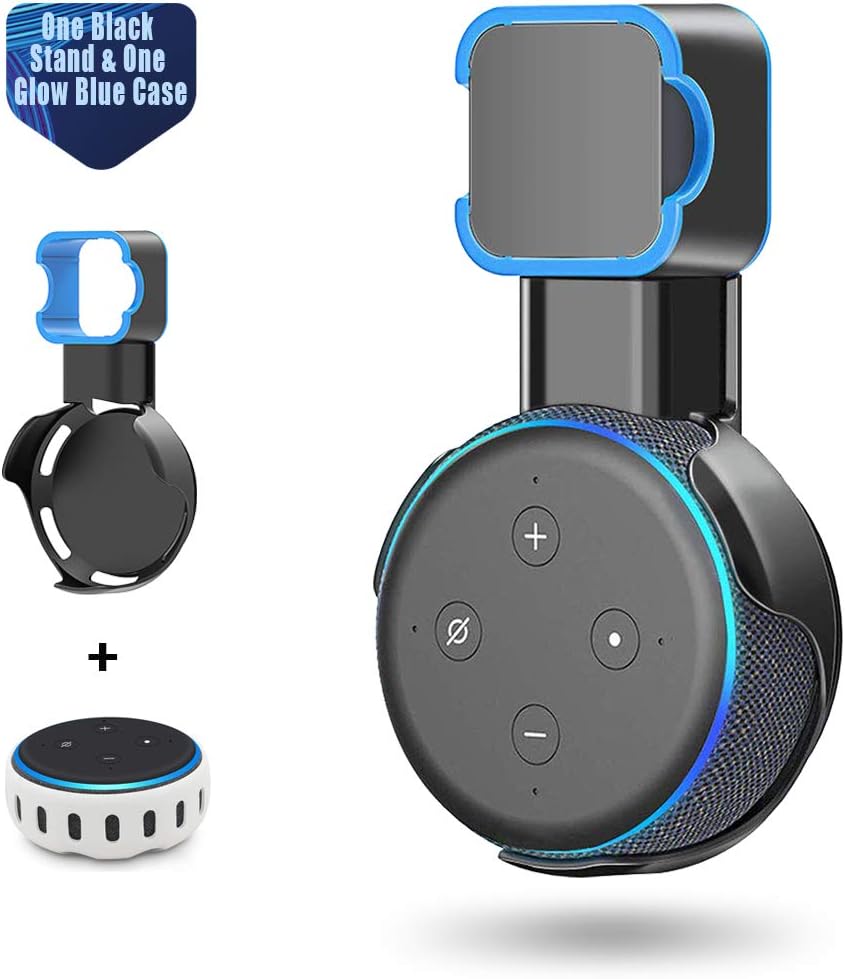 PUUUCI Echo Dot Wall Mount and Silicone Case for Echo Dot 3rd Gen & Kids Edition Smart Speaker, Outlet Wall Mount Stand Accessories and Silicone Protective Cover(One Black Stand&One Glow Blue Case)