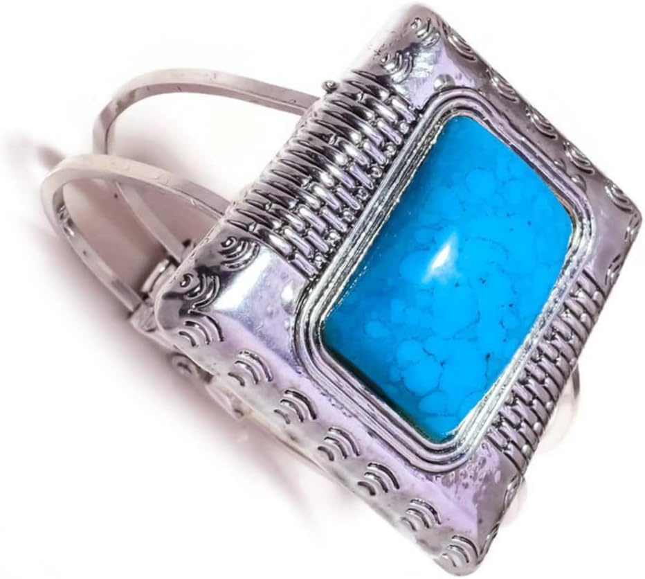 Blue Turquoise Cabochon Rectangle Gemstone Handmade Engraved Cuff Bangle Bracelet