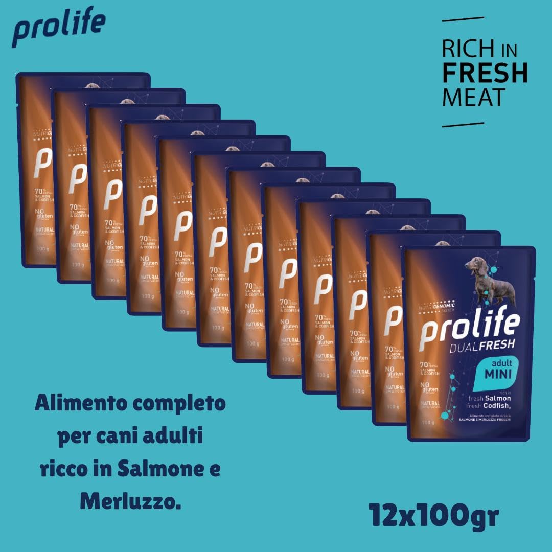 Prolife Umido Cane Dualfresh Adult Salmone e Merluzzo, alimento completo per cani adulti di tutte le taglie,gusto Salmone e Merluzzo | 12 bustine da 100 grammi l’una.