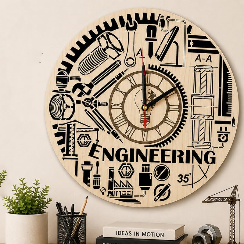 Engineering Wooden Wall Clock for Home & Office Decor | Engineer Theme Wall Clock with Tools, Gears & Technical Drawing Design | Engineer Gift, Graduation Gift, Wooden Decorative Clock-image-37