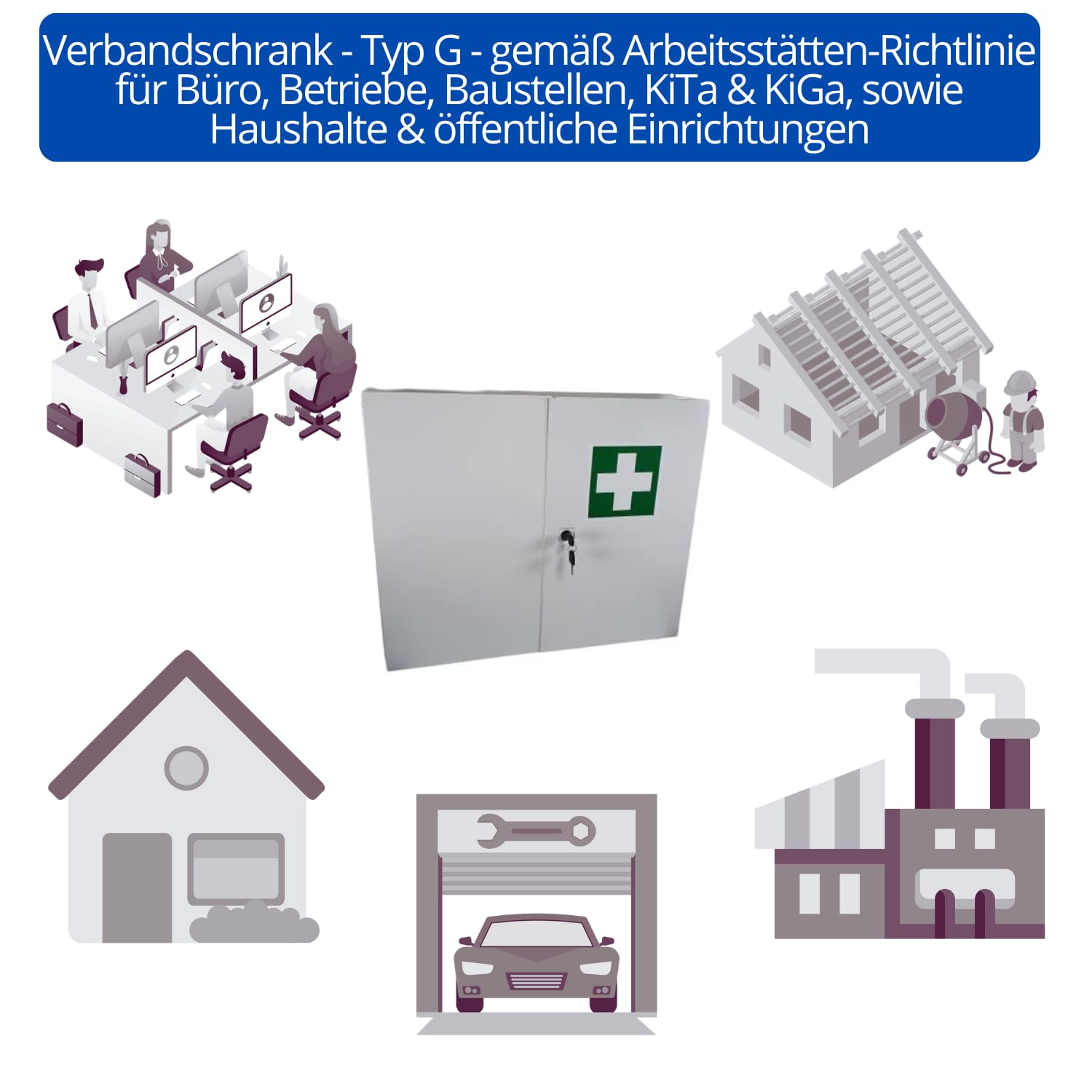 Erste Hilfe Verbandschrank DIN 13169:2021, Medizinschrank mit 3 Fächern (zweitürig) + abschließbares Medikamentenfach & Sicherheitsschloss – aus Metall, 60 x 50 x 13 cm – groß, robust - zum Aufhängen