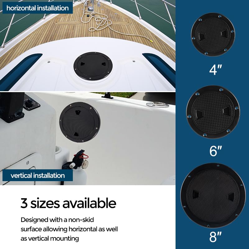 Boat-Ready Black Round Non-Slip Inspection Hatches - Sizes 4", 6", 8" with Detachable Cover - ABS Plastic Screw out Access Hatch Cover for Kayak, Yacht, Marine Accessories