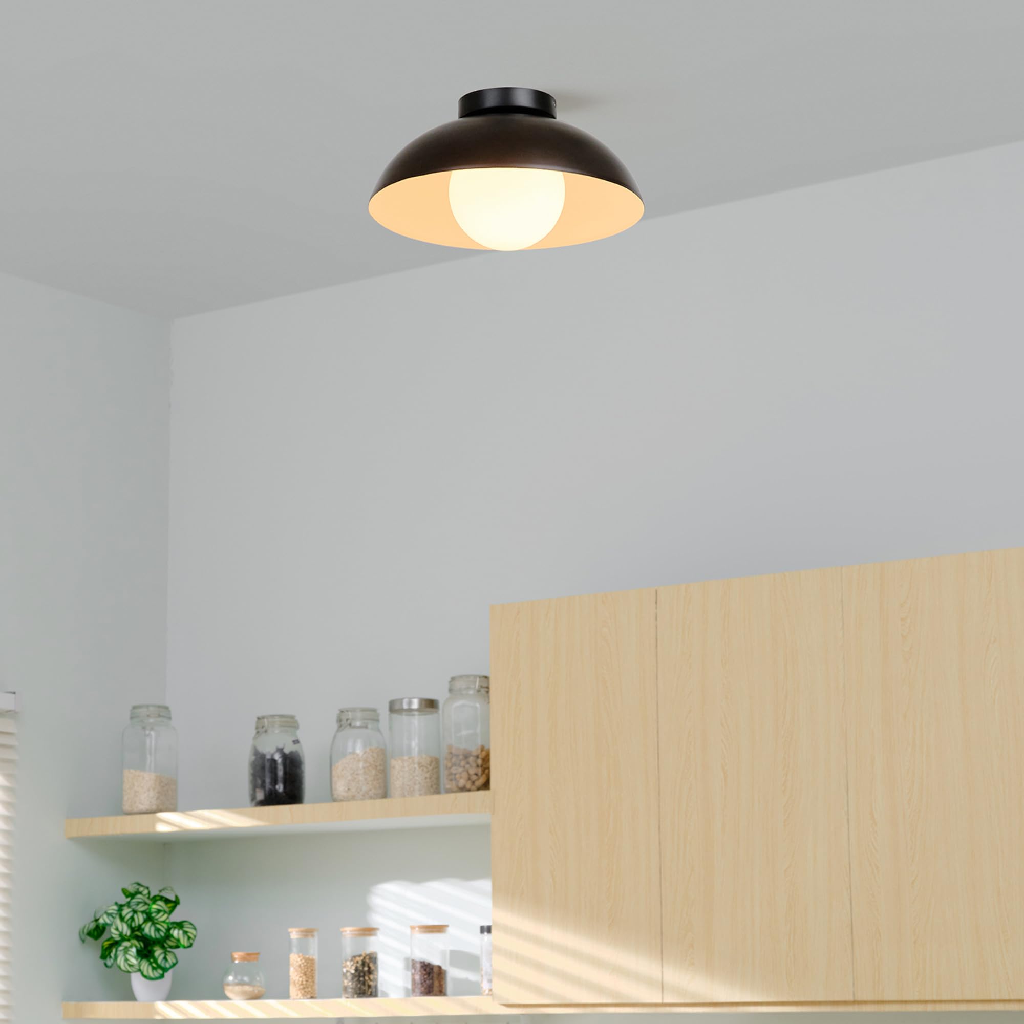 Globe Electric 1-Light Matte Black Flush Mount Ceiling Light – White Opal Glass Shade, Wall & Ceiling Compatible, Dimmable E26 Base