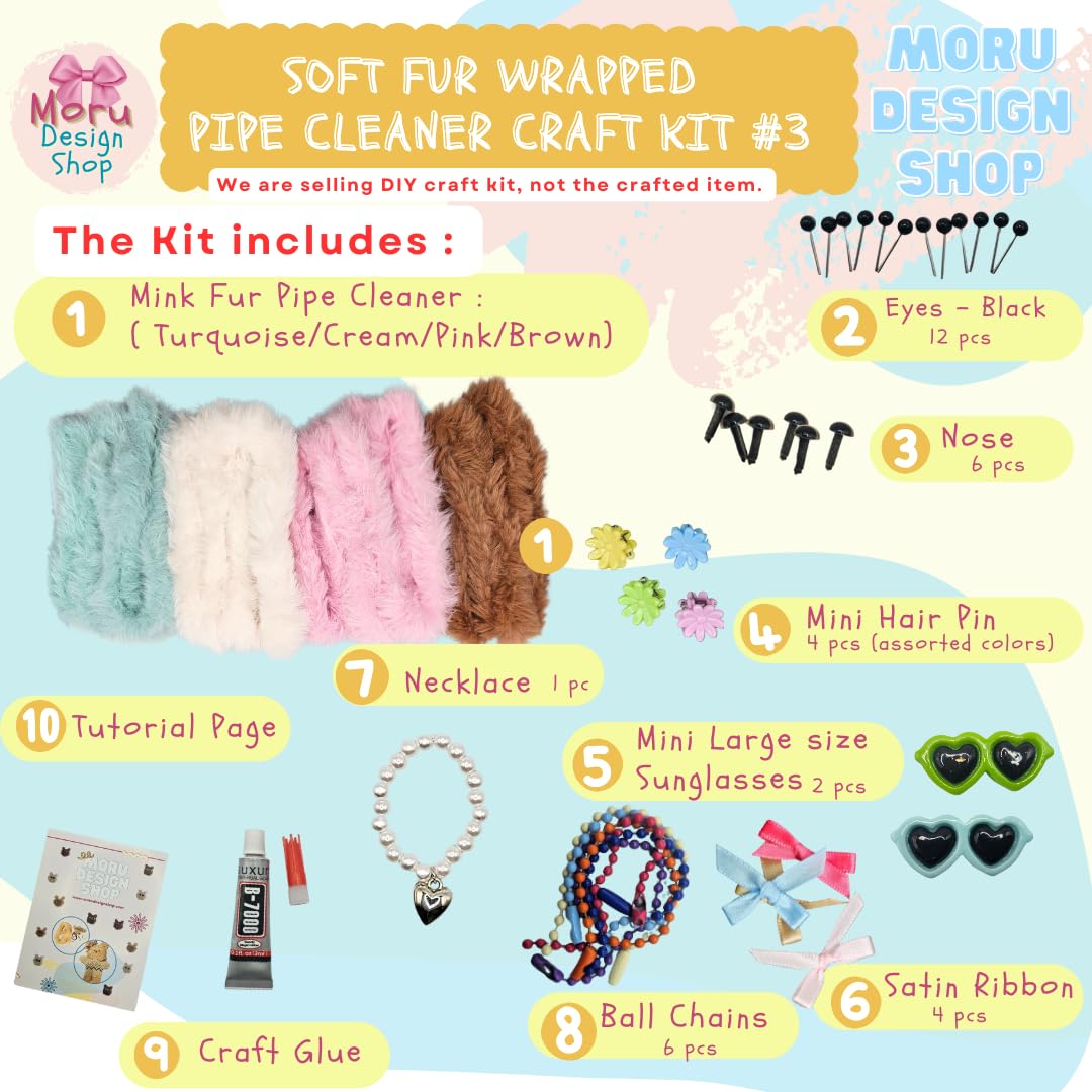 Moru Fur Pipe Cleaner Craft Kit #3, Super Soft, Thick, Long Mink for DIY Art & Craft. with Decorative Accessories (Eyes/Nose/Ribbons),Tutorial