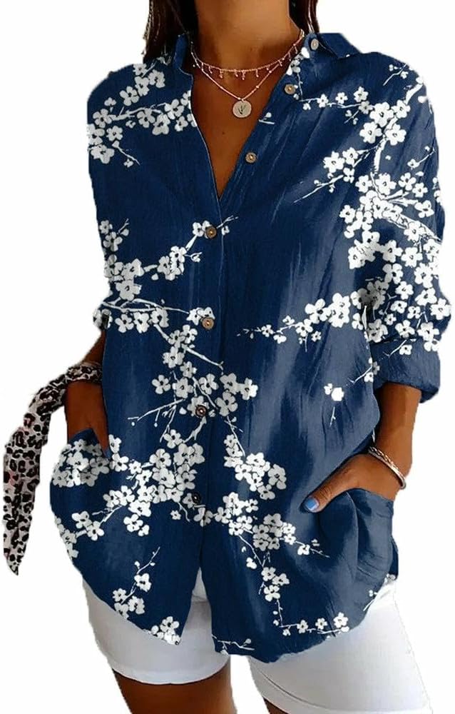 Womens Tops Long Sleeve Shirts Casual Botton Down Floral Printed V Neck Collared Dressy Blouses
