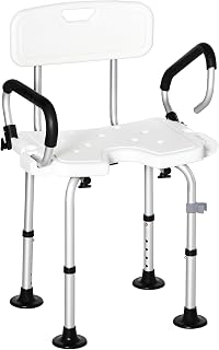 HOMCOM Silla Ducha Personas Mayores Silla para Ducha Taburete de Ducha Antideslizante con Respaldo Altura Ajustable Asiento en U y Apoyabrazos Abatible Carga 136 kg