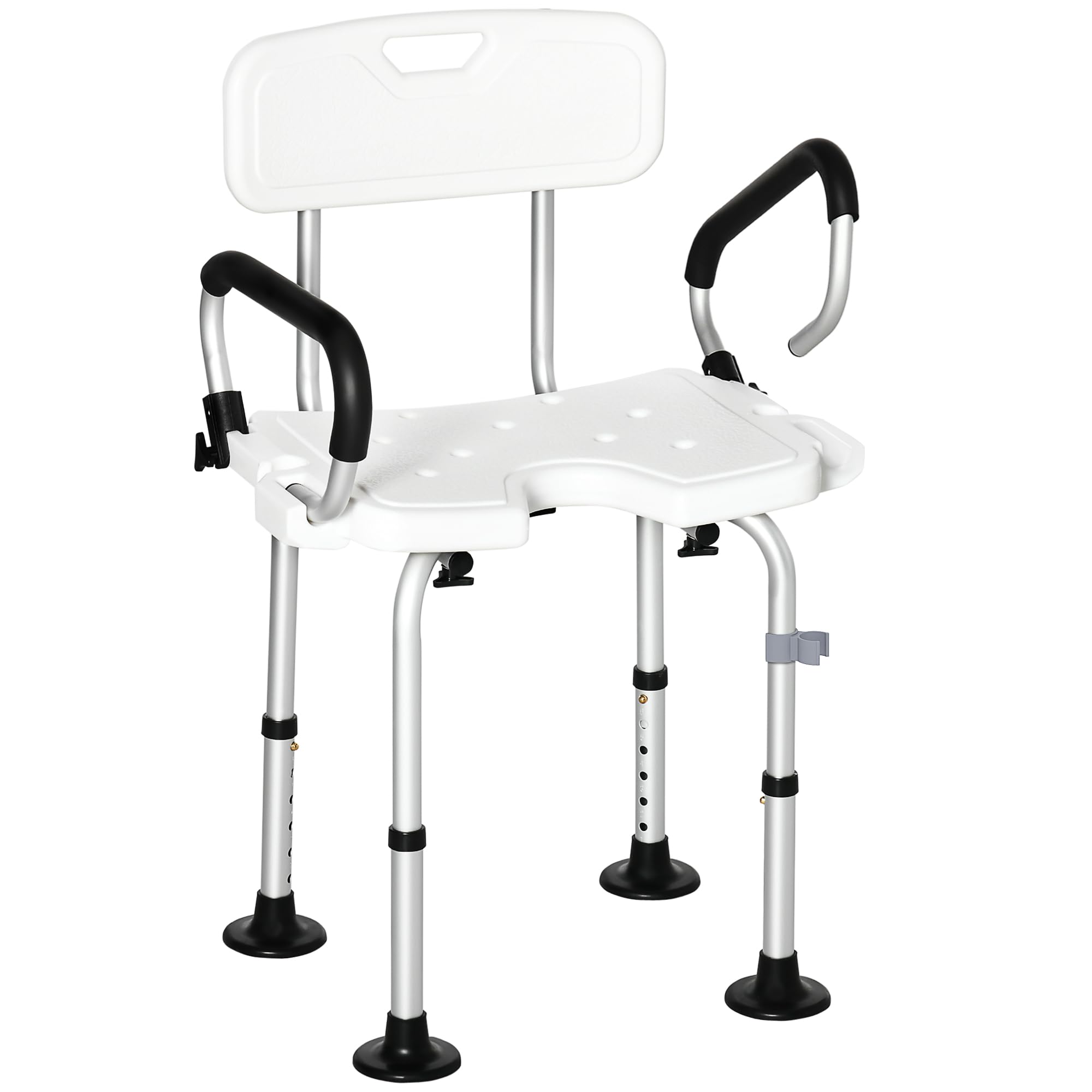 HOMCOM Silla Ducha Personas Mayores Silla para Ducha Taburete de Ducha Antideslizante con Respaldo Altura Ajustable Asiento en U y Apoyabrazos Abatible Carga 136 kg