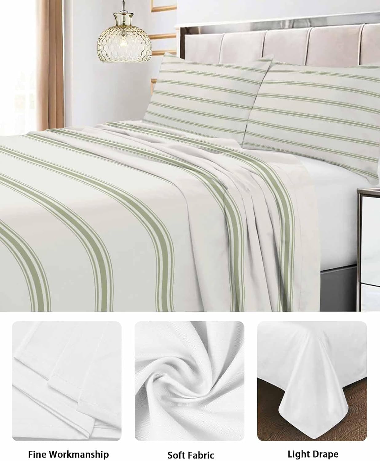 Queen Flat Sheet Top Sheet Only, Sage Green Stripe Minimalist Art Soft Microfiber Breathable Bed Sheets, Modern Geometric Pinstripes Hotel Luxury Bedding Flat Sheets