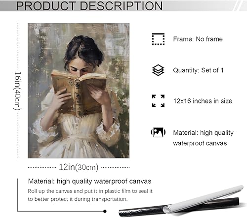 Miniatura 6 de Lienzo de lectura de mujer vintage, póster de lectura estética, pintura al óleo victoriana, pintura al óleo con retrato de mujer victoriana, luz