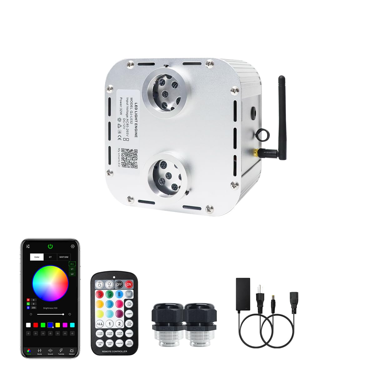 AZIMOM Dual Color 32W High Brightness Twinkle Fiber Optic Light Source RGBW Light Box Engine Diver Music Sensor Mode Bluetooth/RF Control for Home Star Ceiling Light Effect Decor