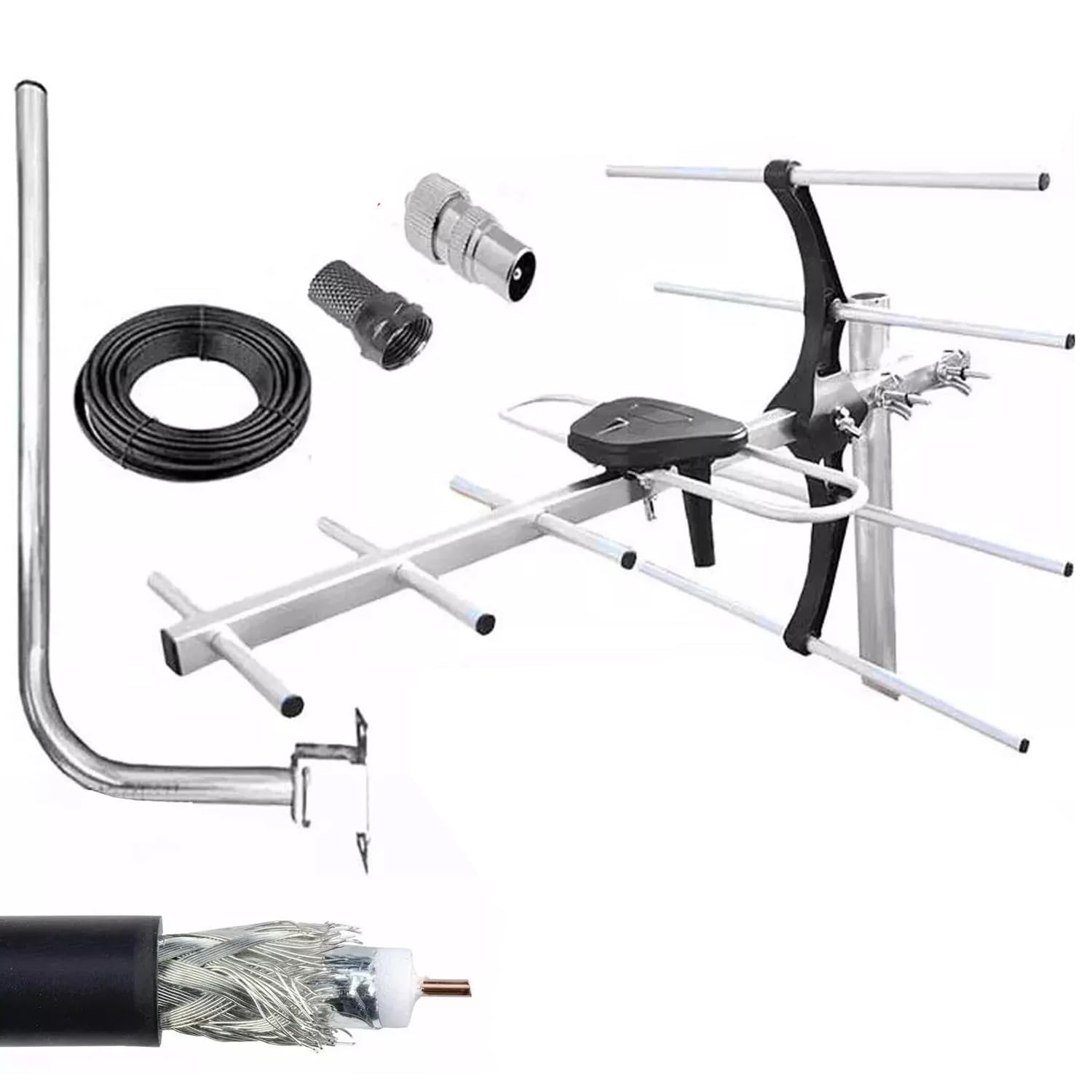 Kit di installazione antenna TV digitale 4G per esterni, antenna da tetto per Smart Freeview HD antenna TV esterna digitale + connettore coassiale maschio femmina 10 m RG6 cavo di fissaggio viti dadi