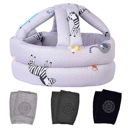 TORASO Baby Head Protector & Baby Knee Pads for Crawling,Infant Safety Helmet & Walking Baby Helmet?for Age 6-36 Months, Gray Zoo(A)