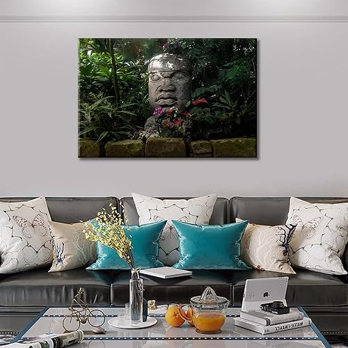 Miniatura 2 de TUMOVO Escultura olmeca tallada en piedra para decoración del hogar, impresiones artísticas con símbolo maya, estatua de cabeza de piedra grande en