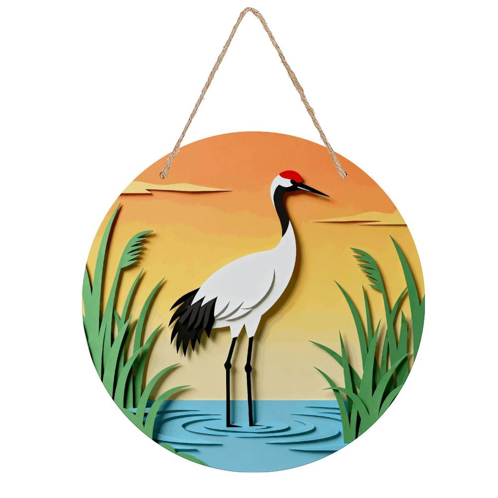 LZQPOEAS Elegant Grace of Crane Silhouette Round Wood Wall Art Painting, 7.9 Inch Circular Wooden Door Hanger Decorative Paintings, Rope-Hanging Wooden Wall Plaque for Home Decor And Office Party