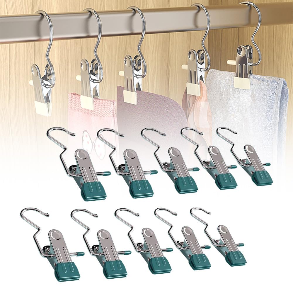 EHOTER 10 PACK Space-Saving Clothespin Hat Pants Storage Hanging Travel Hook, 360° Rotating Stainless Steel Metal Hanging Hook Clips, Hanger Clips Towel Clips Boot Hangers for Closet (10 PACK,Green)