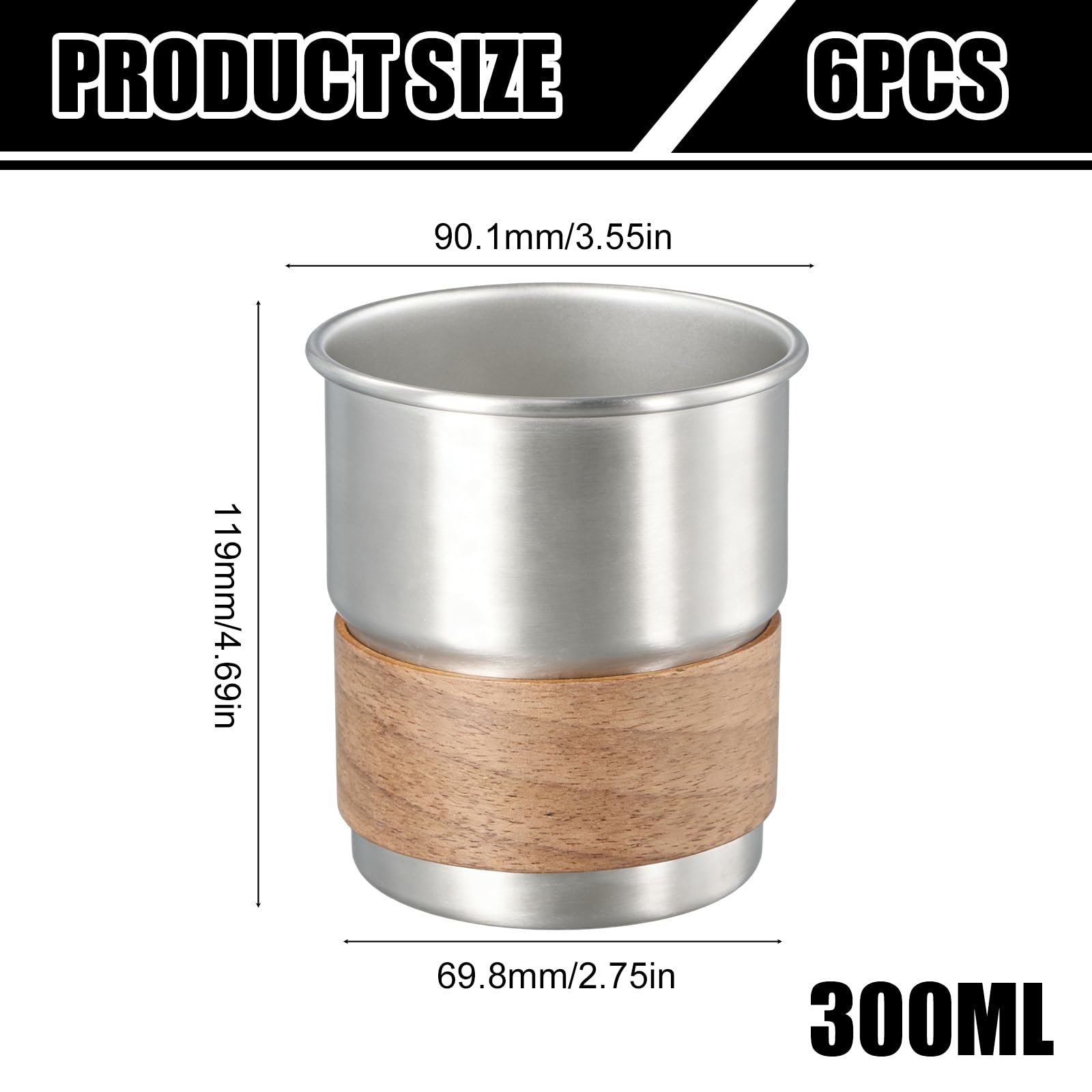 6 bicchieri in acciaio inox, 300 ml, a doppia parete, antiruggine, 304, in metallo, con manicotto in legno, impilabili, infrangibili, senza manico, per latte, caffè, vino, birra, cocktail