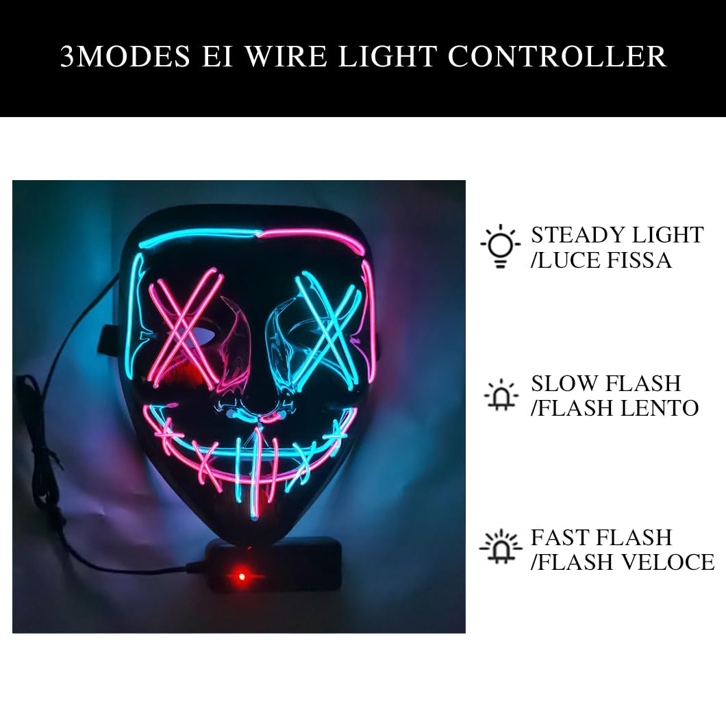 Octonyluck Maschera di Halloween,Halloween Maschera LED per Carnevale,Maschera Purge Divertente,3 modalità di illuminazione，Maschere per Cosplay per uomini e donne,Halloween Festa