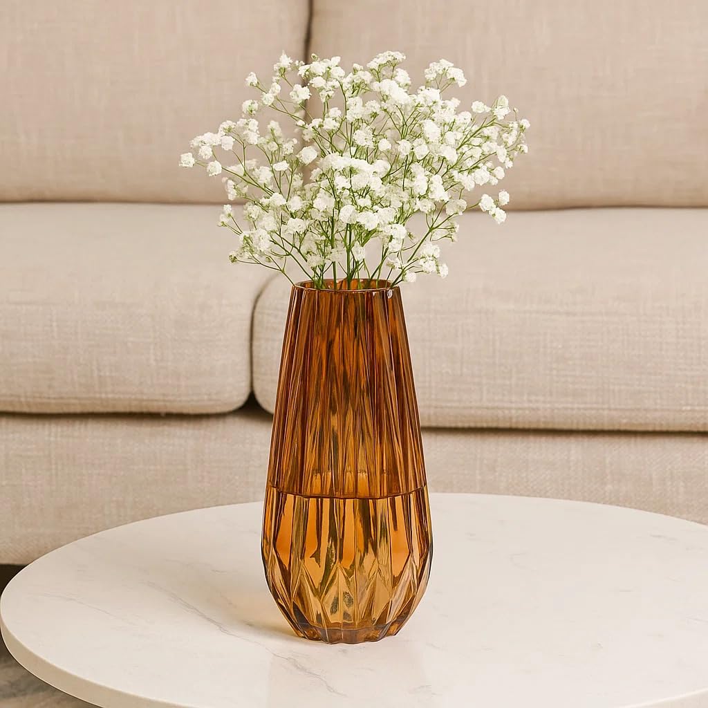 SPHINX Decorative Glass Vase for Flowers Plants Home Decor Office Living Table Decorations, Vases for Home Decor, Luster Glass Vase,Modern - (Dark Amber Diamond Cut, 10 Inches)