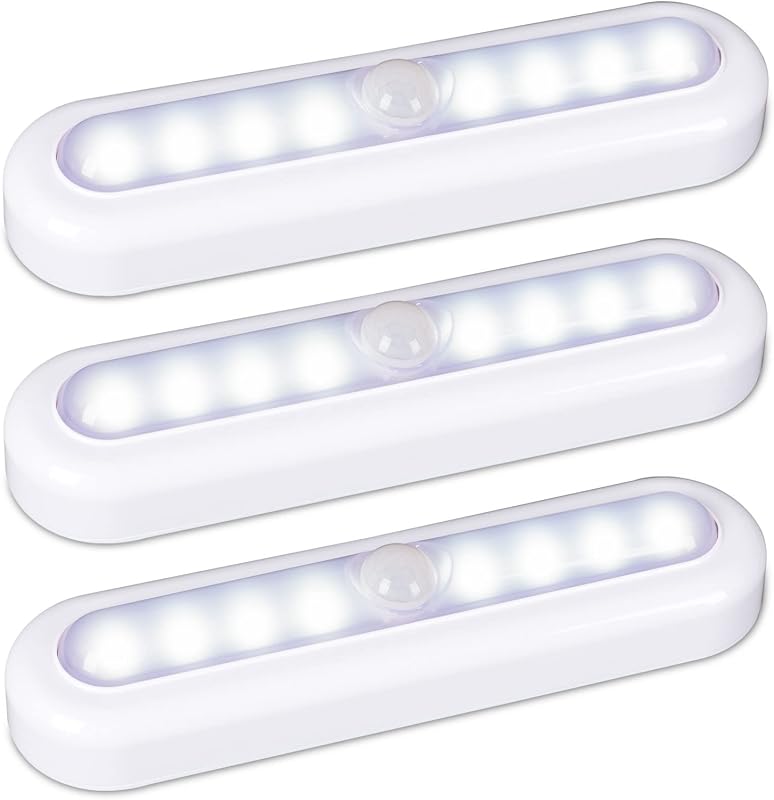 STAR-SPANGLED Luces con sensor de movimiento de 7 pulgadas, batería AAA para interiores, paquete de 3, blanco frío, barra giratoria de 90°, adhesivo fuerte en lámpara LED, funciona con pilas AAA, para armario, escaleras, debajo del gabinete, despensa de cocina