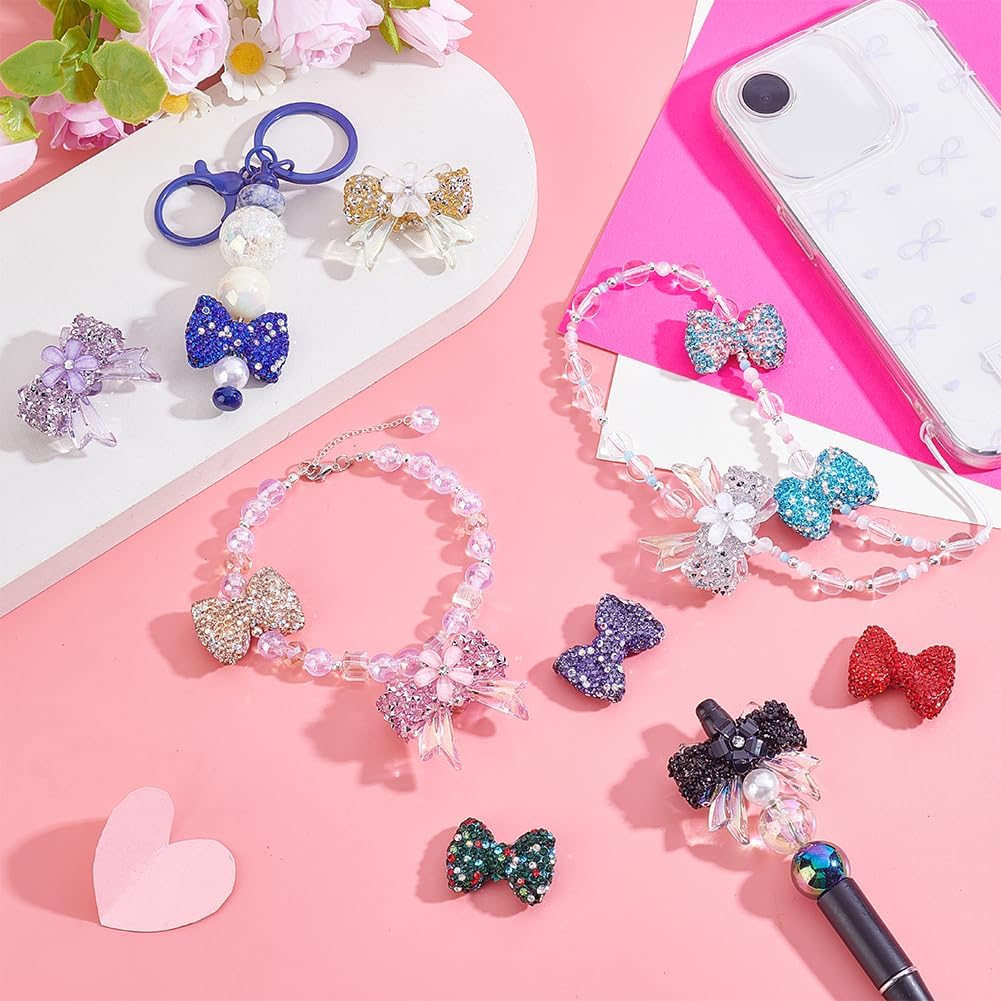 AHANDMAKER 12Pcs Rhinestone Bow Beads Resin Cute Beads Sparkle Beadable Bowknot Keychains for Pen Extenders Jewelry Making Valentine Easter Holiday Decoration 1.6mm & 3mm Holes - Image 4