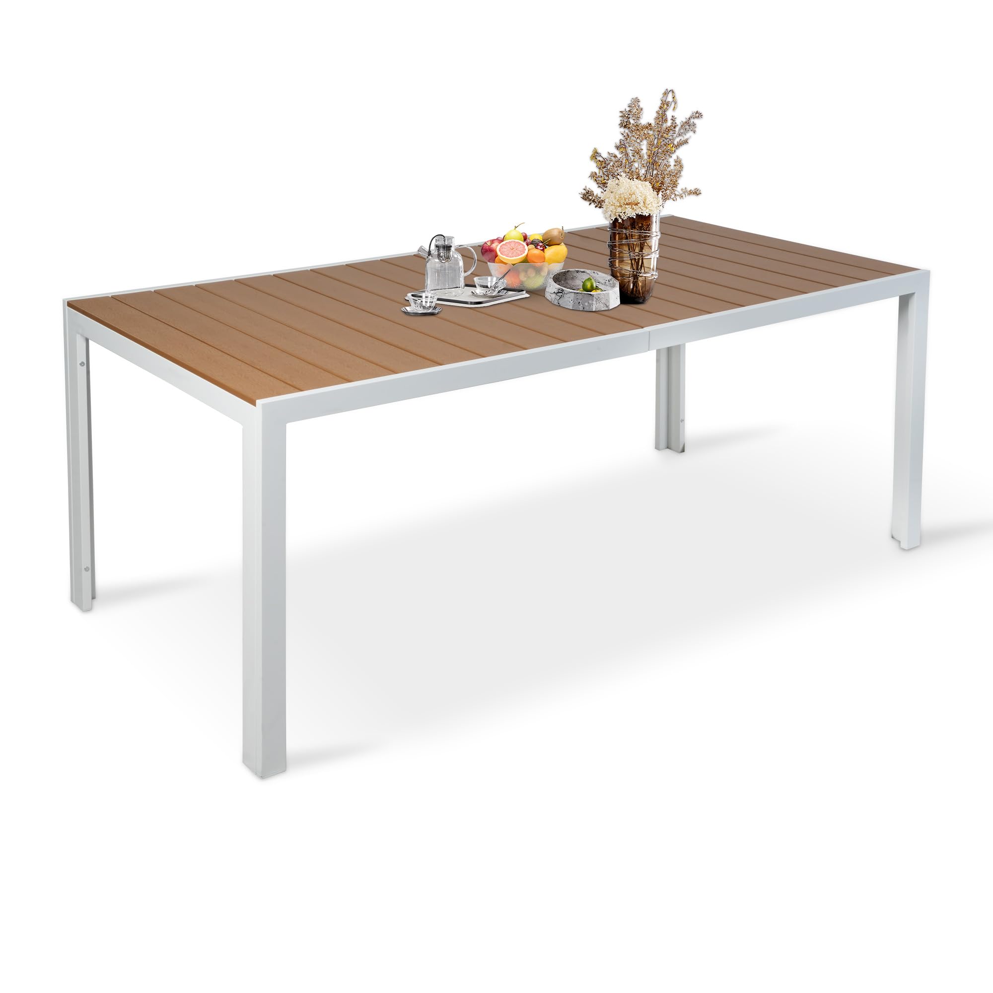Outdoor Dining Table for 8 Person, 71” Aluminum Patio Dining Table with 1.6” - 2” Adjustable Umbrella Hole, Slat Rectangle Table with Wood Like Table Top for Backyard Garden