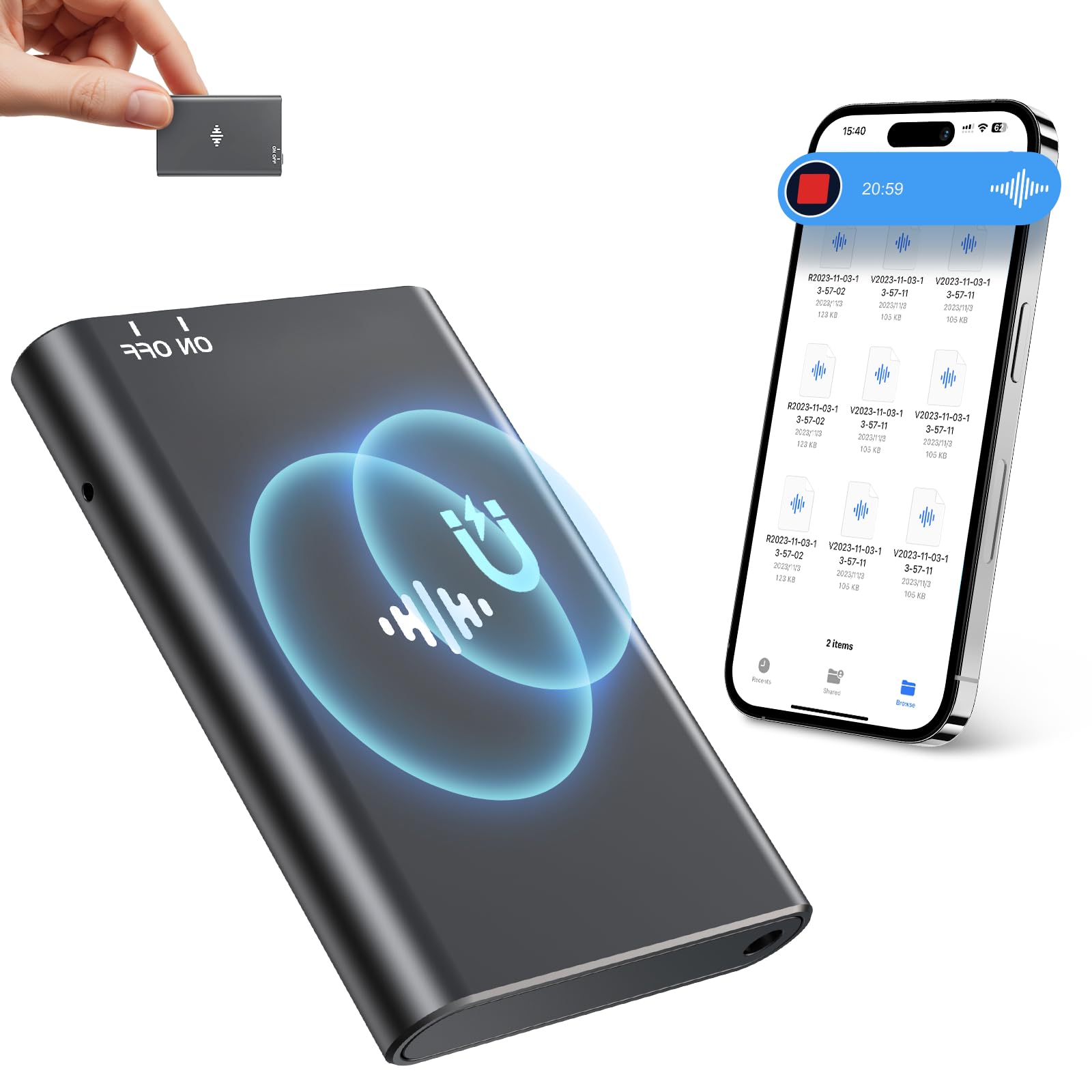 64GB Magnetic Voice Recorder - Lymorvex Voice Activated Recorder AI-Intelligent Noise Reduction, 4800 Hours Recording Device & USB-C Audio Recorder for Lectures, Meetings, Interviews