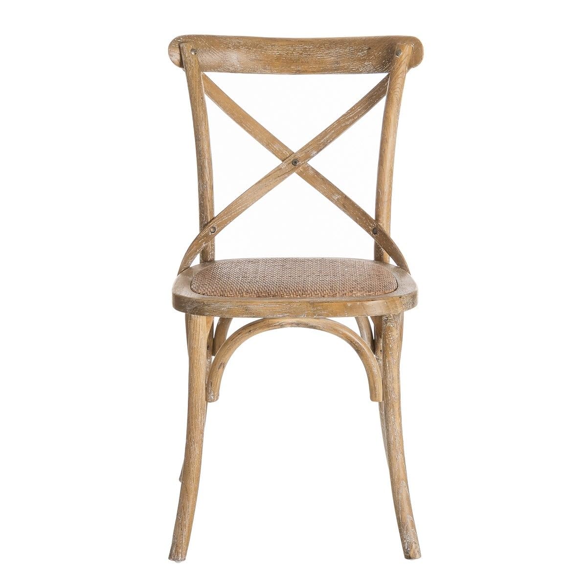 4 sillas de comedor Aspas de madera de olmo marrón y asiento de ratán | Respaldo cruzado. Diseño icónico retro. Asiento de ratán trenzado en tono natural. Patas con topes antiarañazos. No apilable.