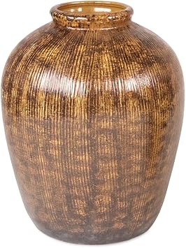 Tall Brown Ceramic Vase Rustic Textured Pottery with Embossed and Ribbed Design, Decorative Accent for Table, Mantel, or Entryway Small