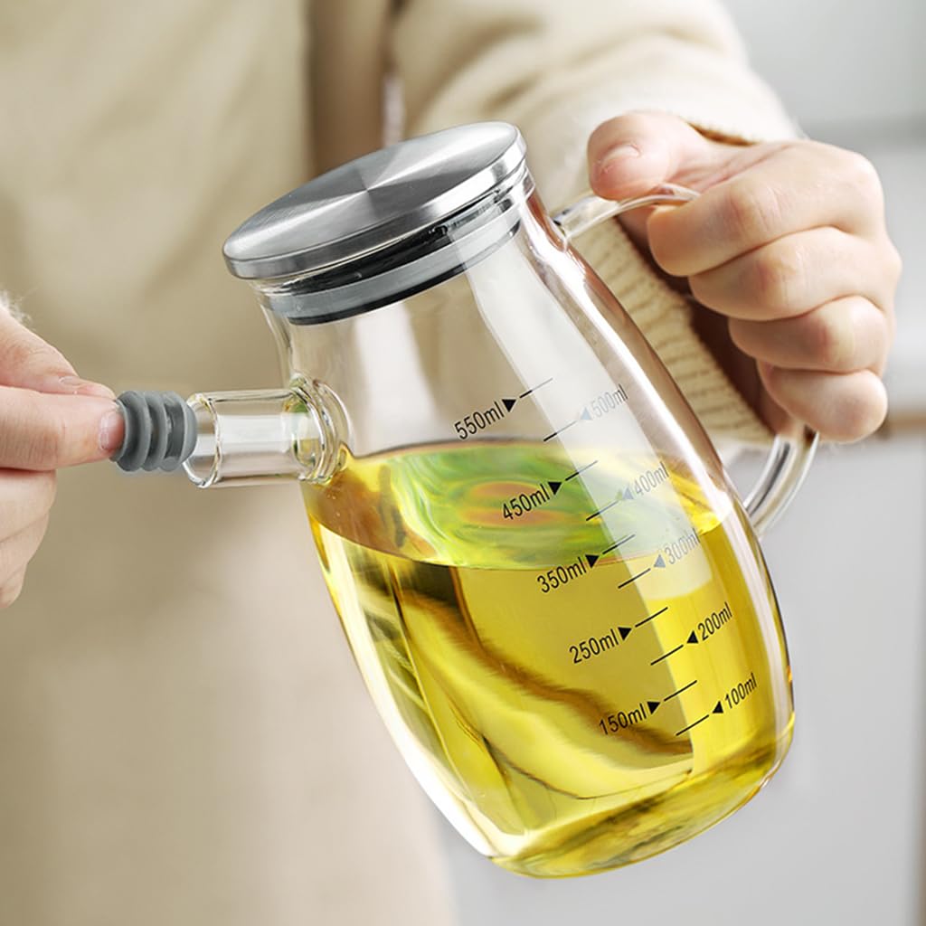 Botella dispensadora de aceite de vidrio, Dispensador de aceite y vinagre de vidrio con escala y boquilla antigoteo (350/550/850 ml)(850ML)