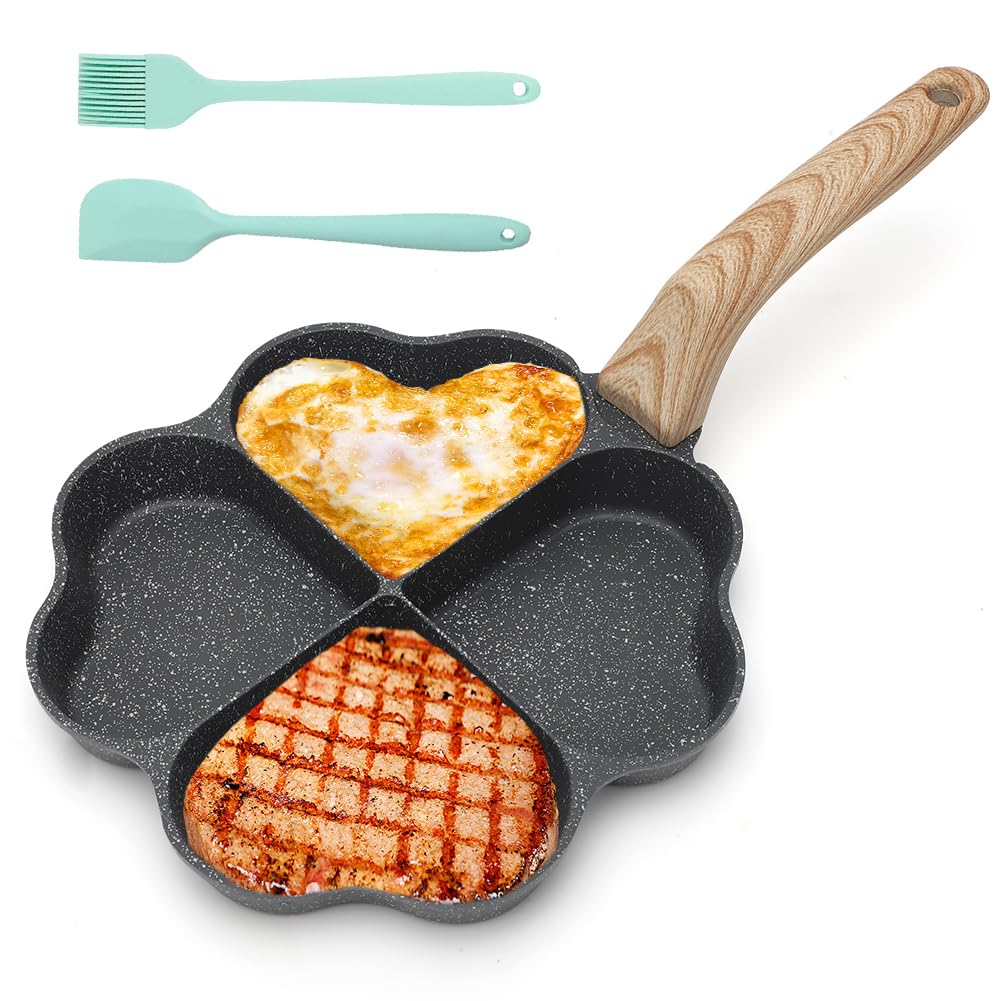LOMUG Padella per omette a 4 fori, rivestimento antiaderente in granito, piccole padelle, motivo: padella a induzione, a forma di cuore, con 2 spazzole per fornello a gas (nero)