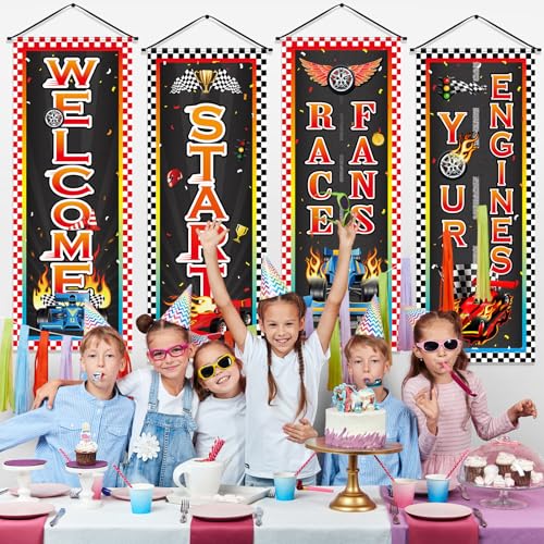 Image of Panelee 4 Pcs Race Car Party Banners Racing Car Birthday Decorations Checkered Racing Flag Porch Sign Hanging Door Banner for Indoor Outdoor Race Party Decoration Backdrop Supplies (Race)