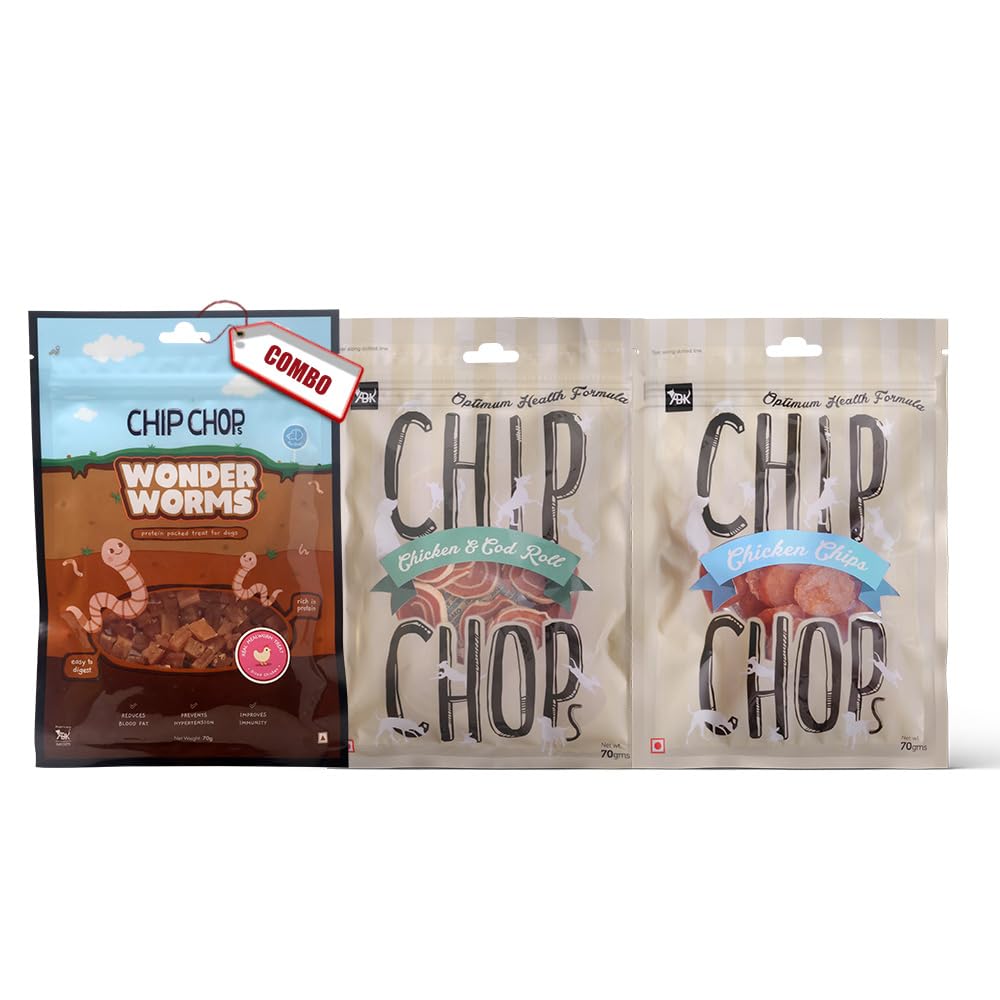 Chip Chops Dog Treat Combo (Wonder Worms Chicken & Mealworms Diced, 70g, Chicken Chips Coins, 70g and Chicken & Codfish Rolls, 70g) Protein Rich Snacks for All Dog Breeds (B0CM69XC4W) Amazon Price History, Amazon Price Tracker