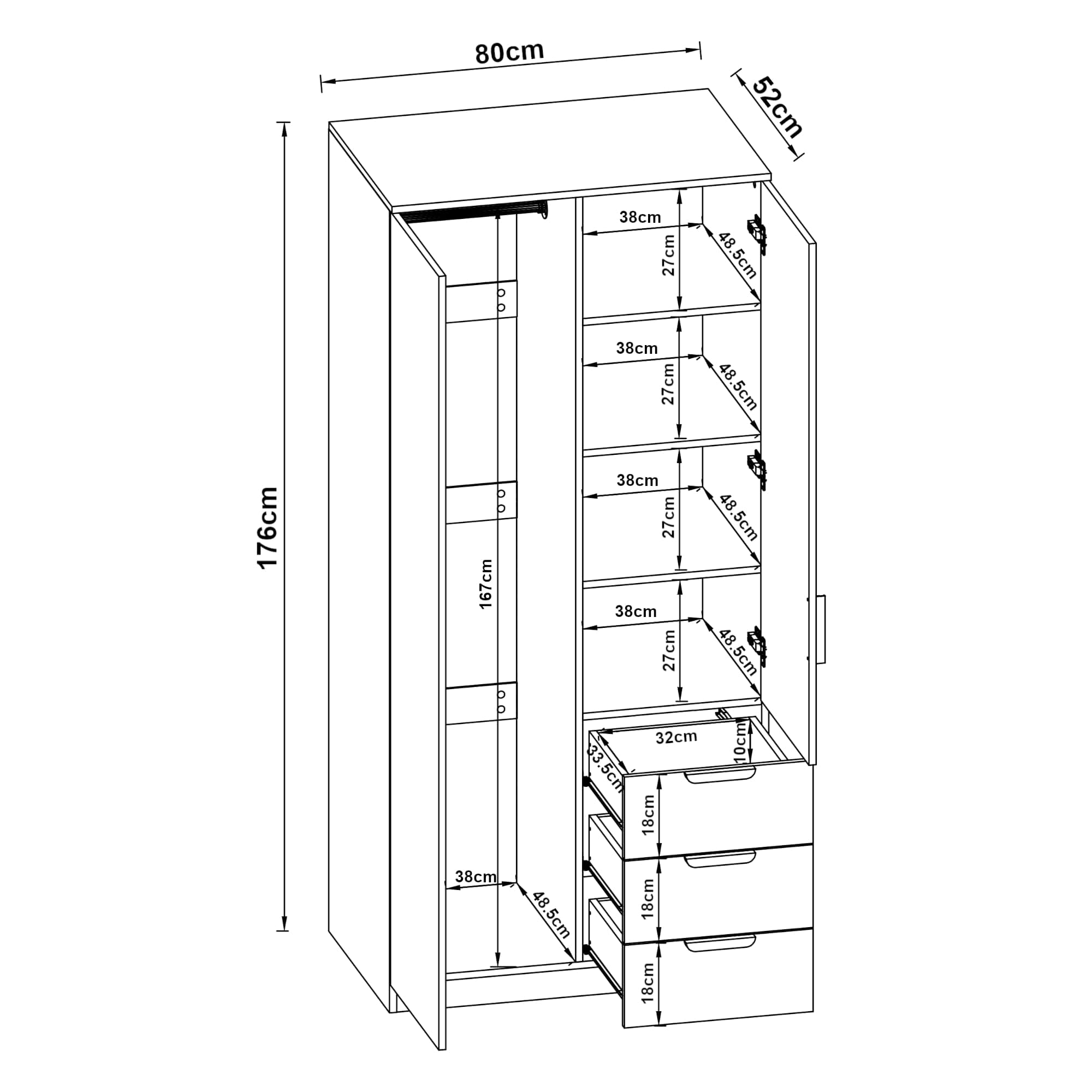 [en.casa] Armario Dormitorio Eiselfing Armario Ropero Clóset con 2 Puertas 1 Perchero 4 Compartimentos 3 Cajones para Dormitorio Vestidor MDF 176 x 80 x 52 cm - Efecto Roble