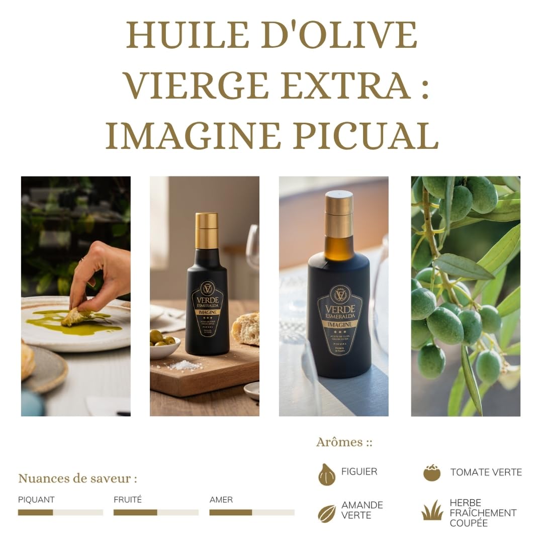 Verde Esmeralda Huile d’Olive Picual – Espagne-Jaén 500ml | Olive Oil Premium filtrée de Cazorla, huile d’olive espagnole au goût fruité avec herbe fraîche, de tomate et d’amande.
