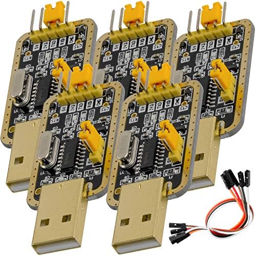 AZDelivery 5X Adaptateur USB UART-TTL 3.3V 5V CH340G Module de Conversion d'interface et 20cm Jumper Cable, Compatible avec Arduino incluant Un E-Book!