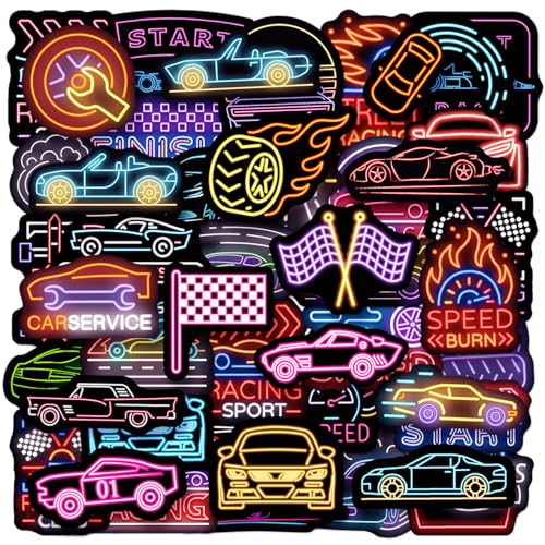 50pcs Neon Race Car Theme Waterproof Vinyl Stickers - Racing Decor & Party Favors Gifts for Laptop Water Bottle Skateboard