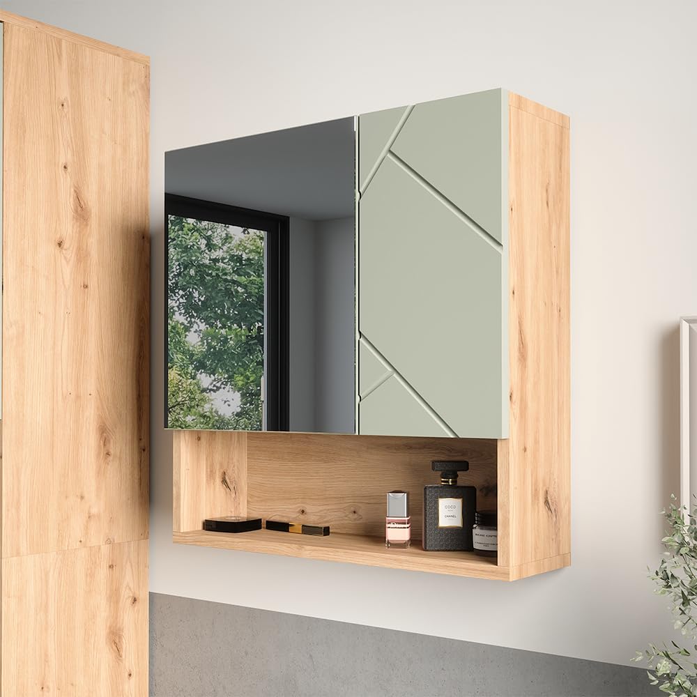 Vicco Armoire de Toilette Irma, Vert Sauge, 54x55cm, à Monter au Mur avec Miroir et étagères Ouvertes