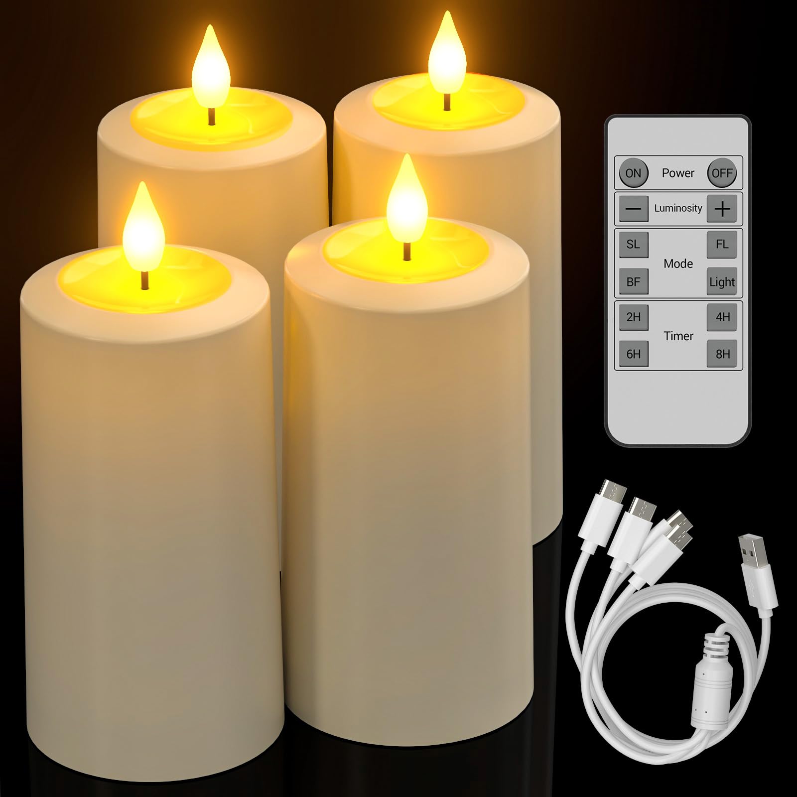 Yme Rechargeable Candles, Set of 4 LED Battery Flameless Electric Pillar Candles Flickering with Remote Timer Outdoor Waterproof for Camping Home Garden Decor Halloween Christmas Decorations — image 1