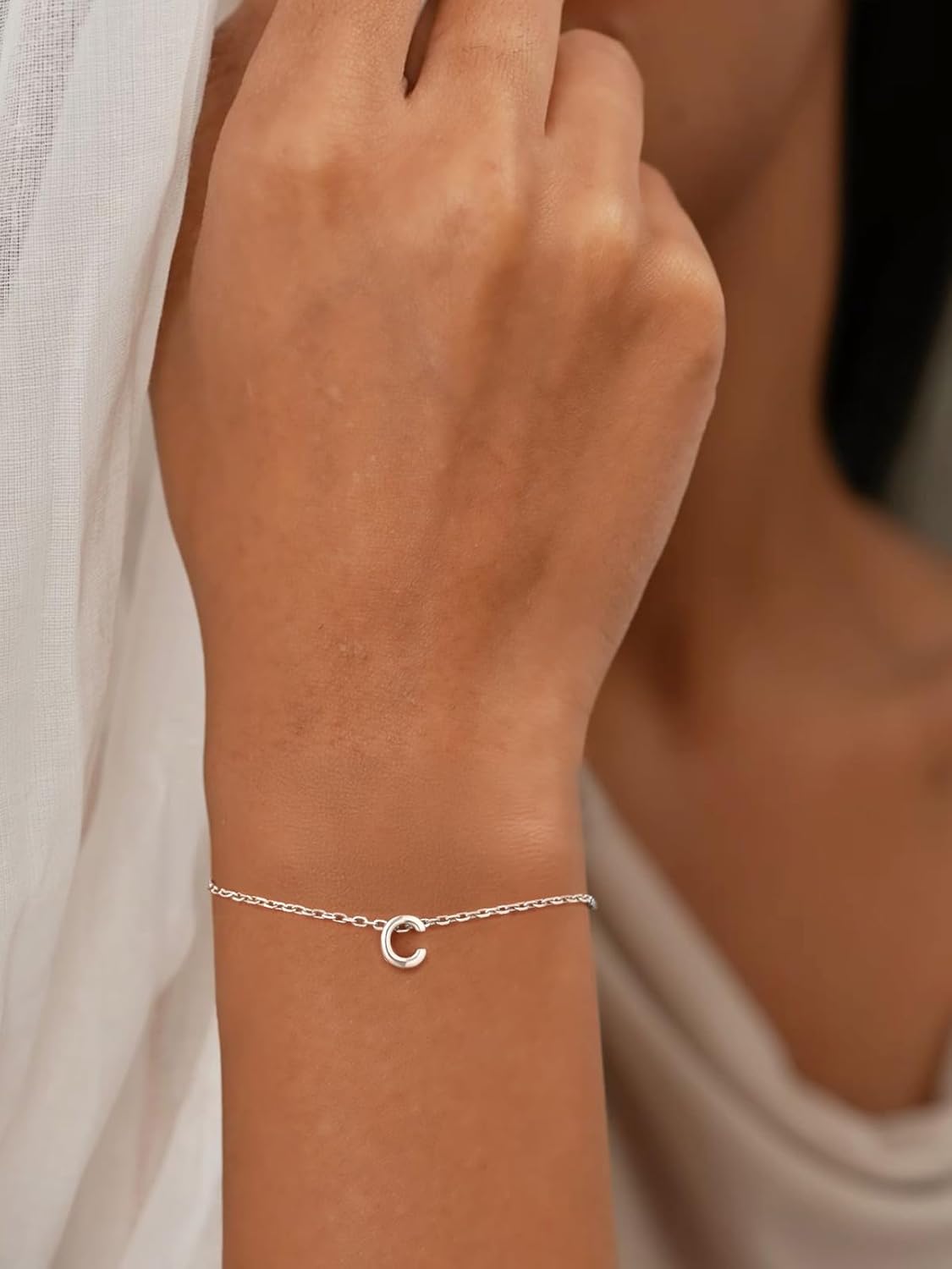 Silvora S925 Sterling Silver Initial Letter Bracelet - A to Z, 6.3" + 2" Adjustable Personalized 26 Alphabet Jewelry Initial Bracelet for Women - Image 6