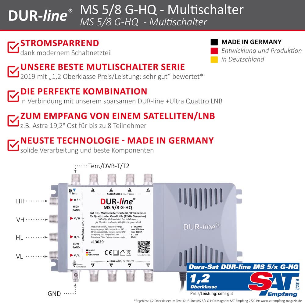 DUR-line MS 5/8 G-HQ Multiswitch Made in Germany Multiswitch Sat para 8 participantes/TV Fuente de alimentación de bajo Consumo Multiswitch, Matrix [Digital, HDTV, FullHD, 4K, 8K, UHD]