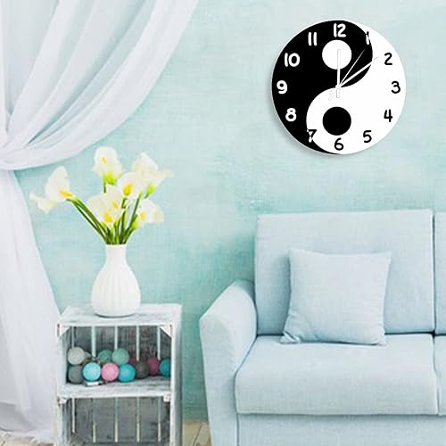 Miniatura 2 de Reloj de pared decorativo silencioso sin tictac, números blancos y negros, Yin Yang, redondo, moderno, relojes de madera para dormitorio, sala de