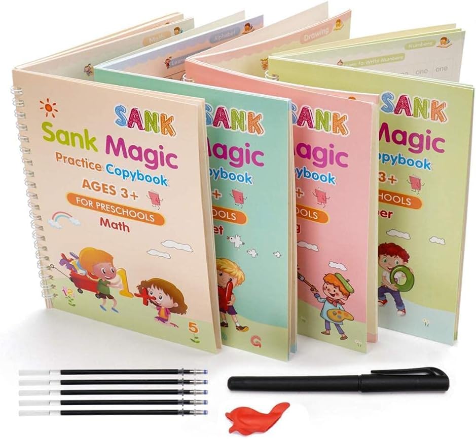 DRS Magic Practice Copybook, (4 BOOK + 10 REFILL+ 1 Pen +1 Grip) Number Tracing Book for Preschoolers with Pen, Magic Calligraphy Copybook Set Practical Reusable Writing Tool Simple Hand Lettering