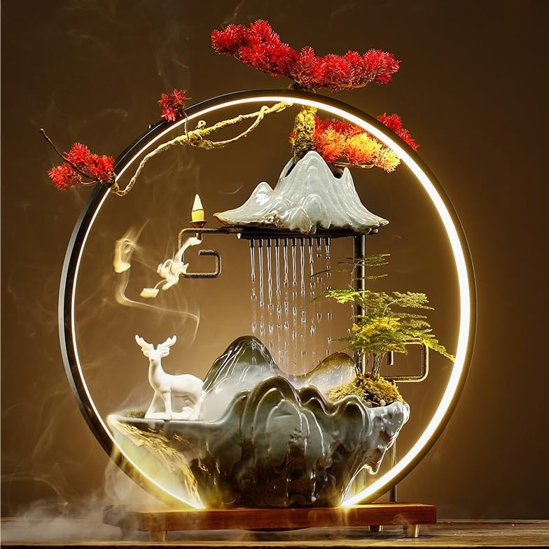 Fuente decorativa de jardín, fuente de agua con cascada, de cerámica, con iluminación LED, función humidificadora, quemador de incienso, Feng Shui Zen, decoración para salón, dormitorio, oficina
