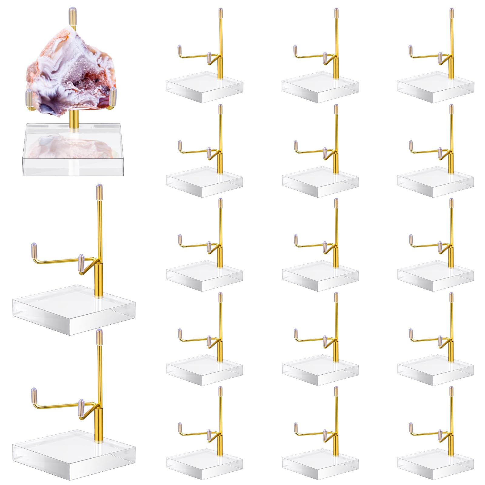 Photo 1 of RattanView 16 Pcs Crystal Holder Easel Display Rock Display Stand with Acrylic Base Easel Mineral Adjustable Metal Arm Stand for Gemstone Fossils Geodes Mineral Agate Collection(Gold)