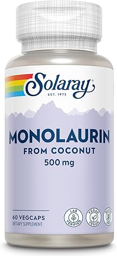 SOLARAY Suplemento de apoyo inmunológico de monolaurina de 500 mg, de coco natural, ayuda a mantener la salud inmune e intestinal y una flora