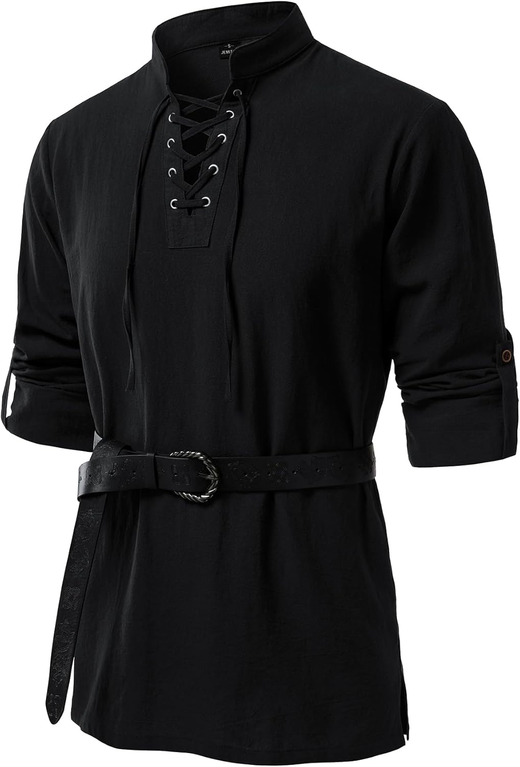 JEMITOP Men's Pure Cotton Renaissance Pirate Medieval Retro Lace Up Shirt for Viking Mandarin Collar Costume Without Belt