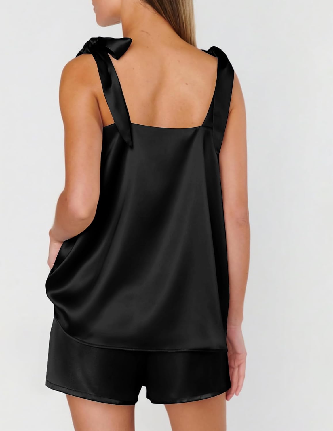 Ekouaer Womens Silk Pajama Set Bow Tie Knot Tank Top Satin Pjs Sets for Bridal Party 2 Piece Cami Shorts Sleepwear S-XXL - Image 4