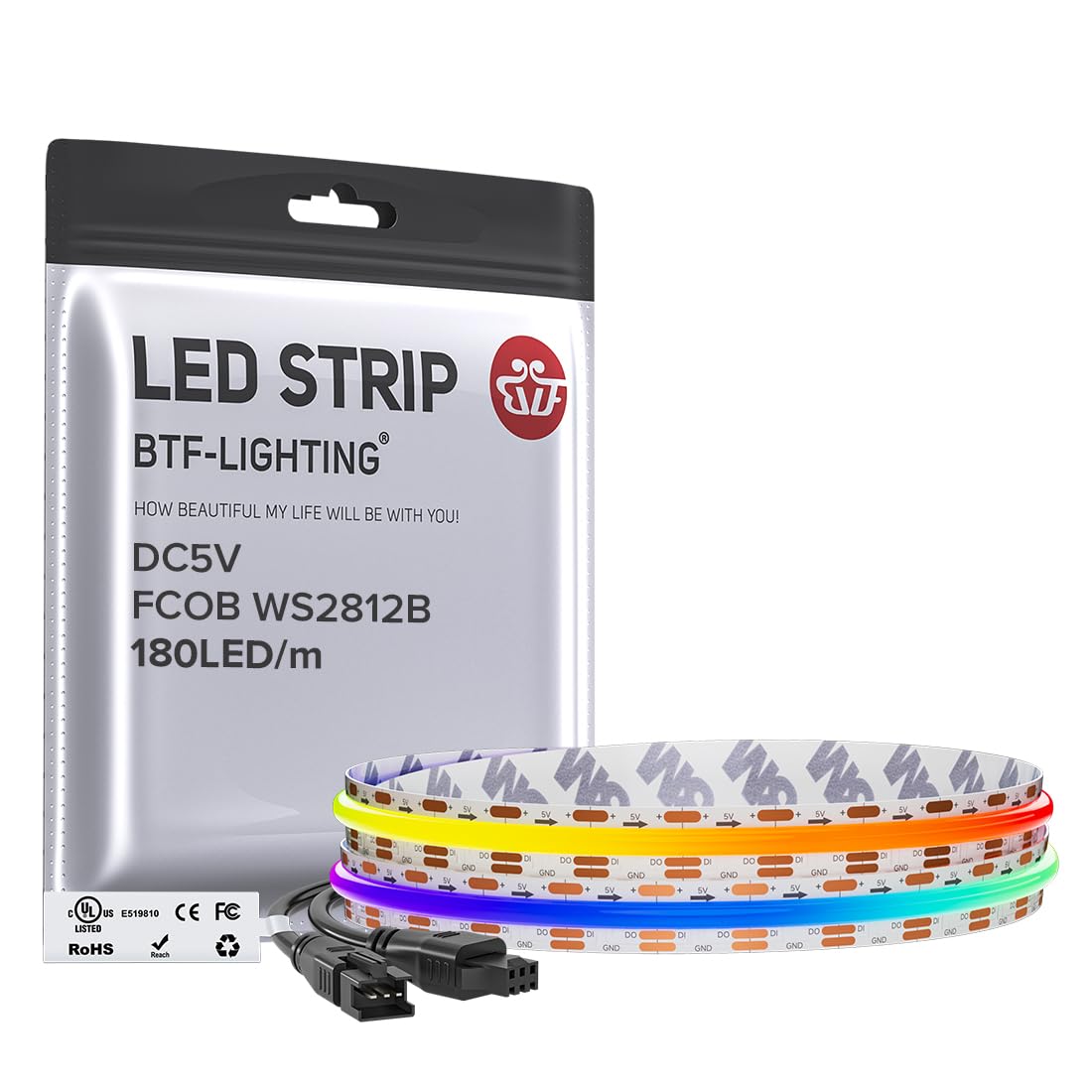 BTF-LIGHTING WS2812B FCOB COB LED Strip RGB 1M 180LEDs DC5V IP30 10MM