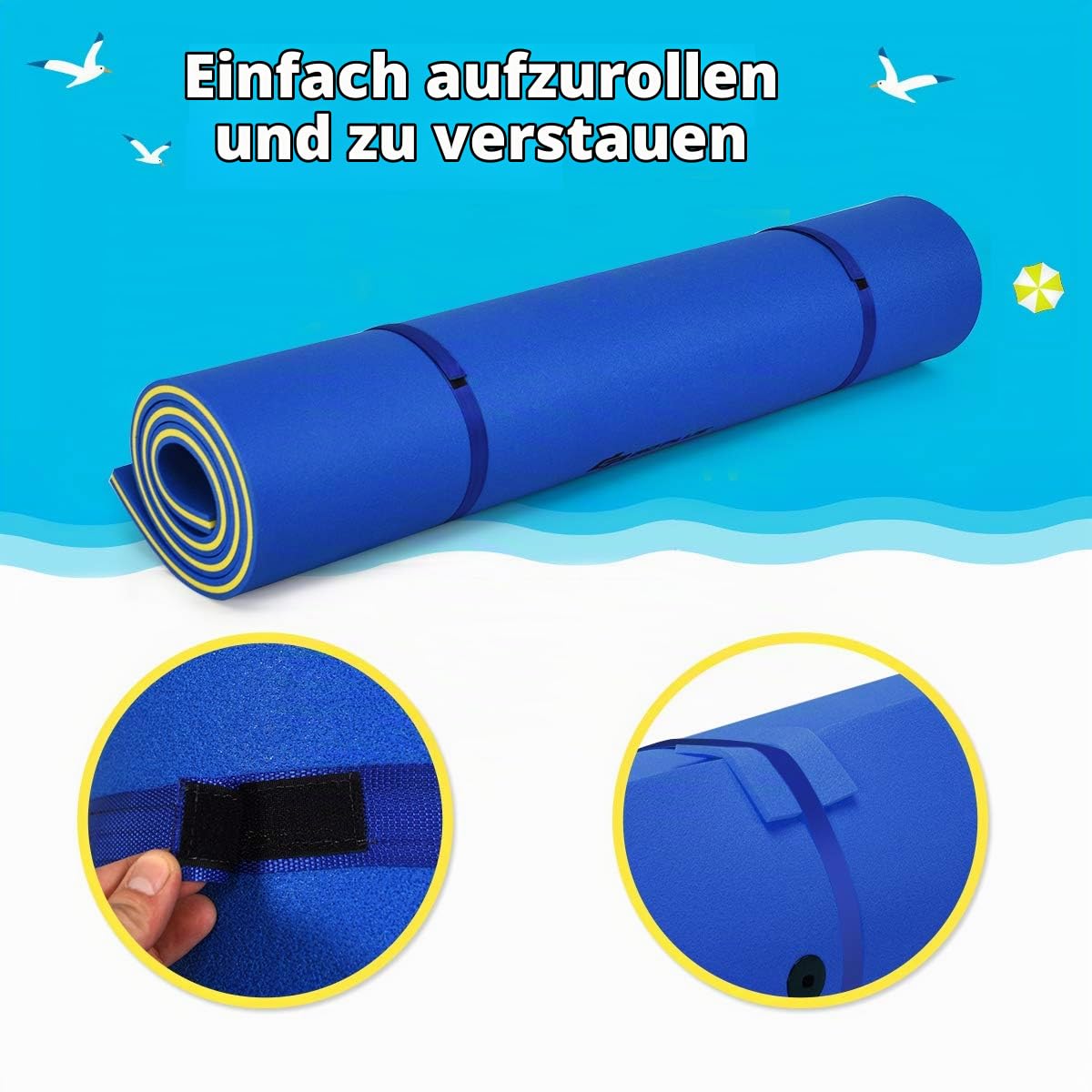 RELAX4LIFE 270 x 180 cm Wasserhängematte, Aufrollbare Schwimmmatte, Wasser Bett 300 kg belastbar (bis zu 5 Personen), Wasserliege aus 3-schichtigem XPE Schaum, Wassermatte für Erholung (Groß-Blau)