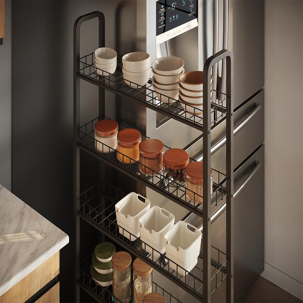 Vicco Piedistallo mobile Rolivo, Nero, 58 x 15 cm con 6 scomparti, posizionabile in modo flessibile su ruote per spazi stretti